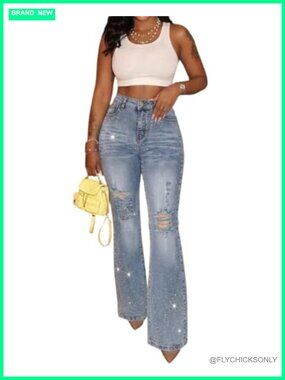 Women's Rhinestone Distressed Flare Bell Bottom Jeans High Waist